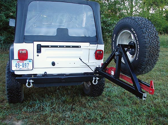 rock hard 4x4™ patriot series rear bumper with tire carrier for jeep  wrangler tj, lj, yj and cj 1976 - 2006