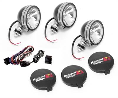Rugged Ridge - Off Road Fog Light Kit, Three Lights W/ Wiring Harness, 6-In Round Black, 100W, Rugged Ridge -15207.61