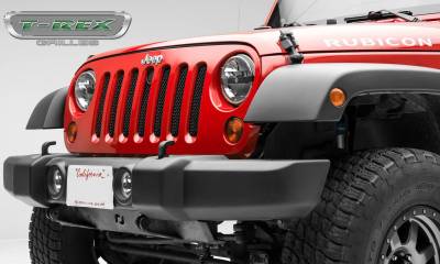 T-Rex Grilles - T REX 07-18 Jeep Wrangler JK - Sport Series - Formed Mesh Grille - with Accommodating Hood Lock Outlet - Black - 46482