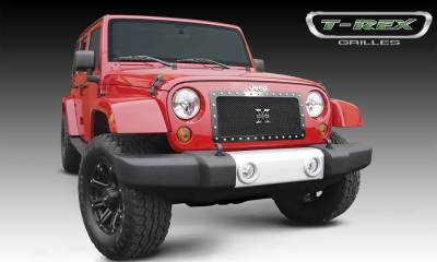 T-Rex Grilles - T REX 07-18 Jeep Wrangler X-METAL Series - Studded Main Grille - ALL Black - 1 Pc Custom Cut Center Bars - 6714831