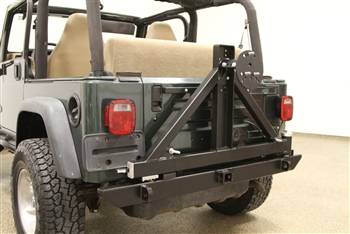 rock hard 4x4™ patriot series rear bumper with tire carrier for jeep  wrangler tj, lj, yj and cj 1976 - 2006